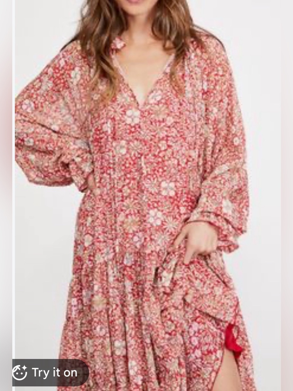 Red Floral Midi Dress with V-Neck and Balloon Sleeves